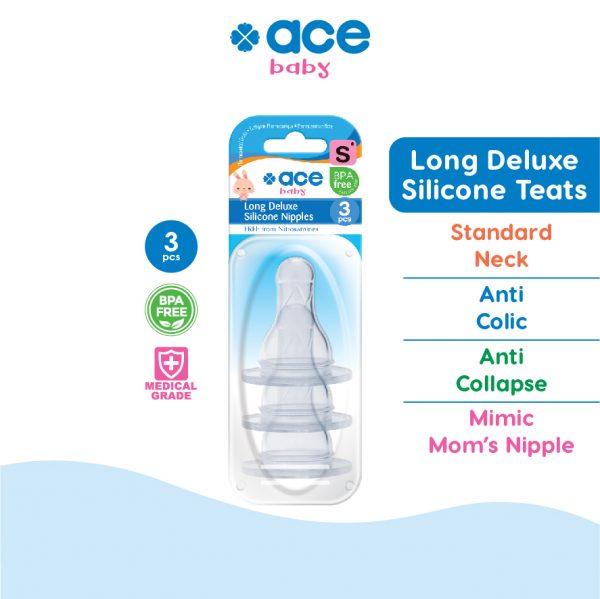 ACE BABY Standard Neck Long Deluxe Silicone Teats Anti Colic BPA Free 6 Sizes Milk Bottle Nipples Puting Susu